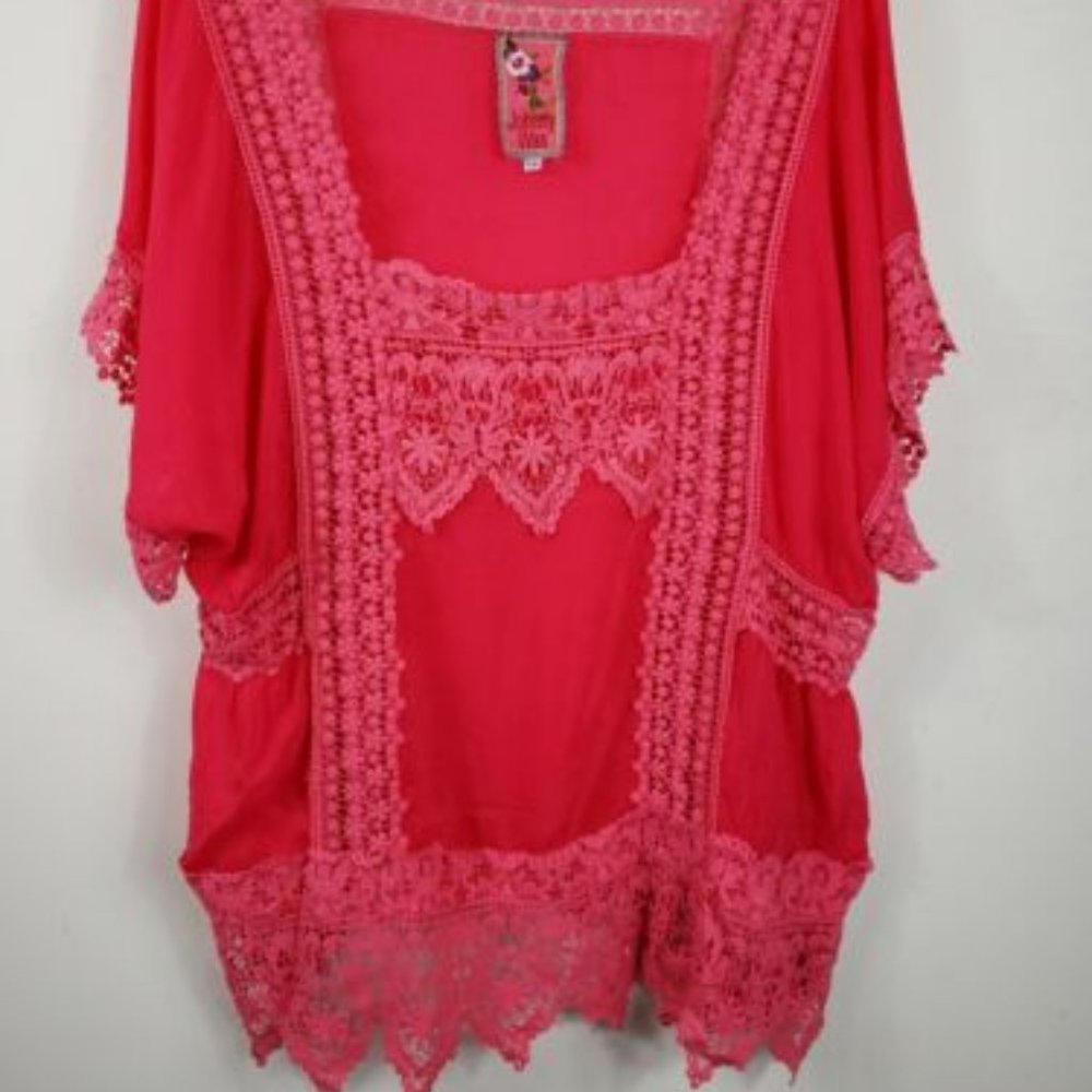 JOHNNY WAS XXL PINK CORAL CROCHET LACE CUPRA RAYON FLORAL BLOUSE TOP.